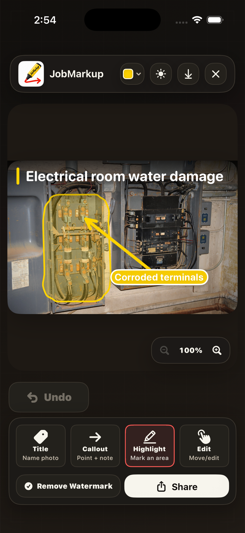 Current JobMarkup iPhone editor showing a Title, a Callout pointing to corroded electrical terminals, and an imperfect finger-drawn Highlight tracing the breaker-box opening